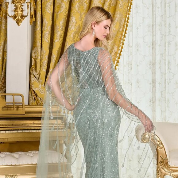 New Sequins Embellished Maxi Mother Of Bride Dress w/ Long Mesh Cape GL3835 - Picture 14 of 15